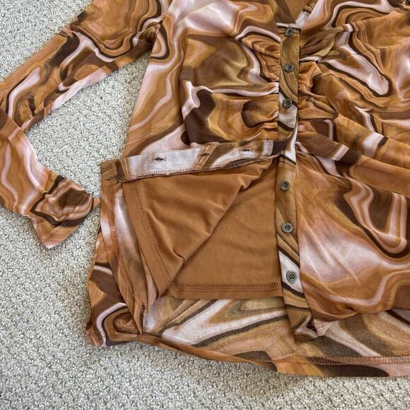 Jane + Delancey M Mesh Marbled Button Up Blouse Long Sleeve Ruched Casual Shirt - Picture 7 of 9